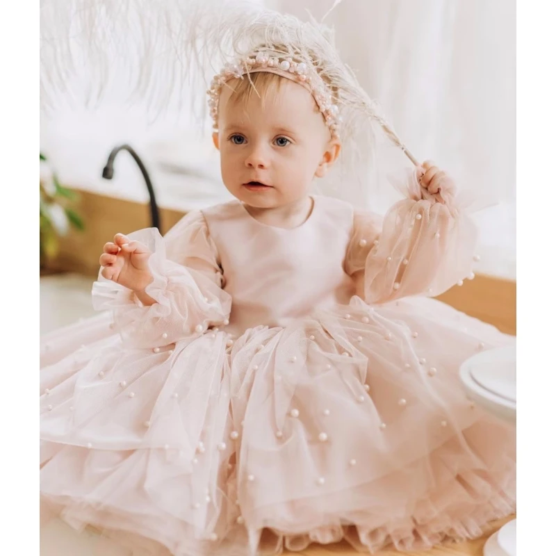 Vestido de niña de flores rosa claro para boda, tul, perlas hinchadas, manga larga, vestidos de fiesta de cumpleaños