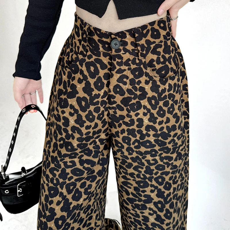 Pantalon léopard ample Vintage pour femme, boutonné, taille haute, classique, jambes larges, survêtement Mujer, automne hiver