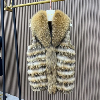Herbst Winter Warme frauen Pelzmantel Natürliche Echte Kaninchen Fell Weste Waschbären Pelz Kragen Dicke Mittlere Länge Weste Weibliche jacke