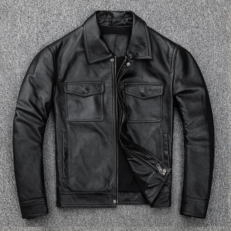 

Black Moto Biker Coat Slim Spring Autumn Motorcycle jacket Men's Clothing Genuine Leather Jacket Men Motorcycle Cowhide Clothes