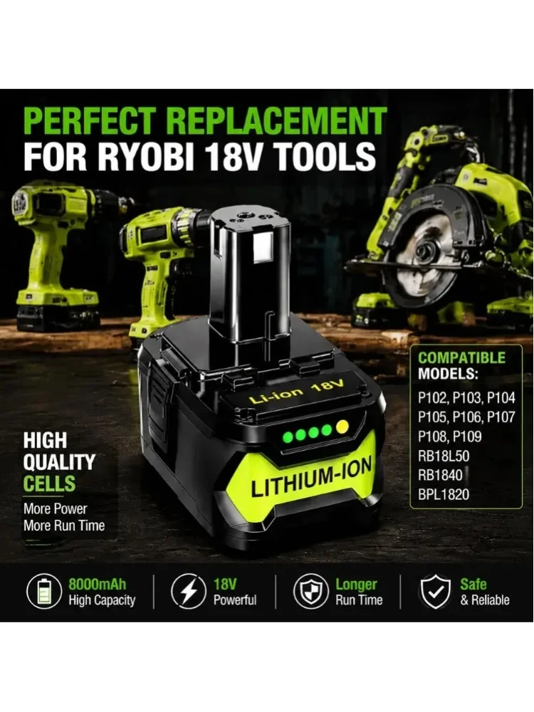 P108 8,0 Ah für Ryobi One 18 V, hohe Kapazität, 18 V Li-Ion, kompatibel mit Ryobi P107 P109 Elektrowerkzeugen, 8000 mAh Akku