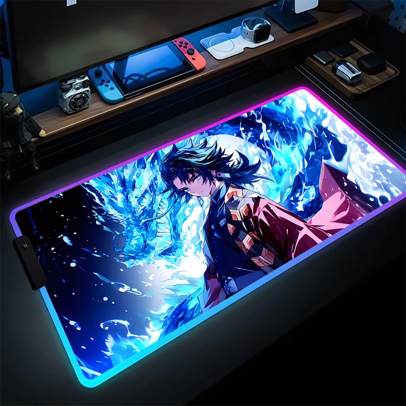 

RGB Mouse Pad Computer Demon Slayer Tomioka Giyuu Keyboard Pad LED Laptop Gaming Accessories Mousepad PC Dragon Gamer Desk Mat