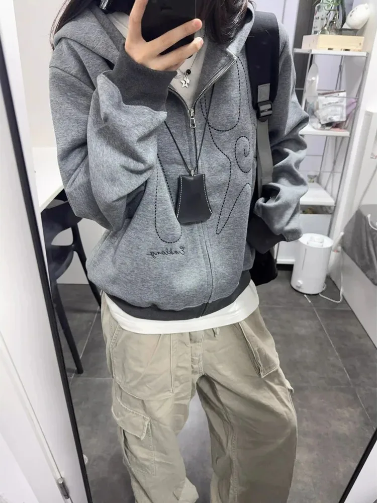 

American Heavyweight Embroidered Hooded Open Cardigan Sweatshirt Men Women Autumn Winter Lazy Loose Versatile Outerwear