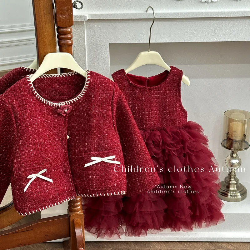 

Girls' Dress2025Winter New Red Fashionable Princess Dress Set First Birthday Dress with Fleece Vest and Skirt
