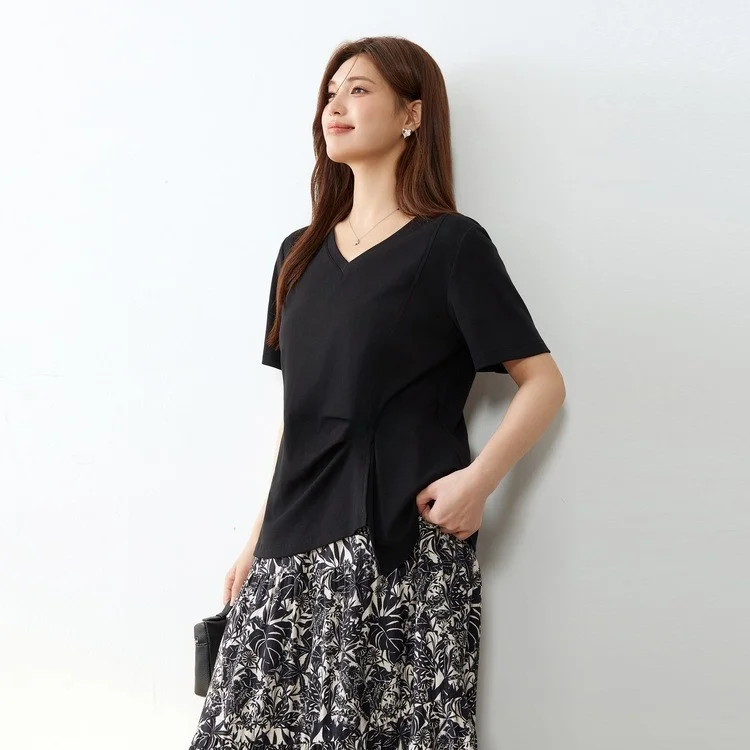 Camiseta con efecto adelgazante y diseño de botones, abertura Individual, ropa china de talla grande para mujer, verano 2024 Faion