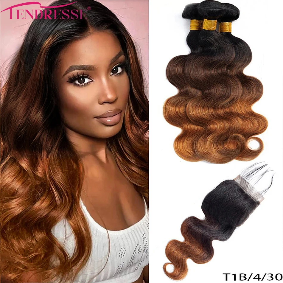 

Tedresse Indian Body Wave Human Hair 3 Bundles with 4x4 Lace Closure 100% Human Hair Ombre Remy Body Wave Bundles and closure