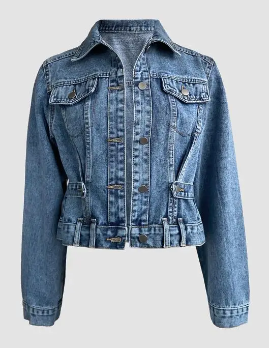 

Vintage Turn-Down Collar Button Front Seam Design Distressed Crop Coat Casual Flap Pocket Design Cinched Waist Washed Denim Coat