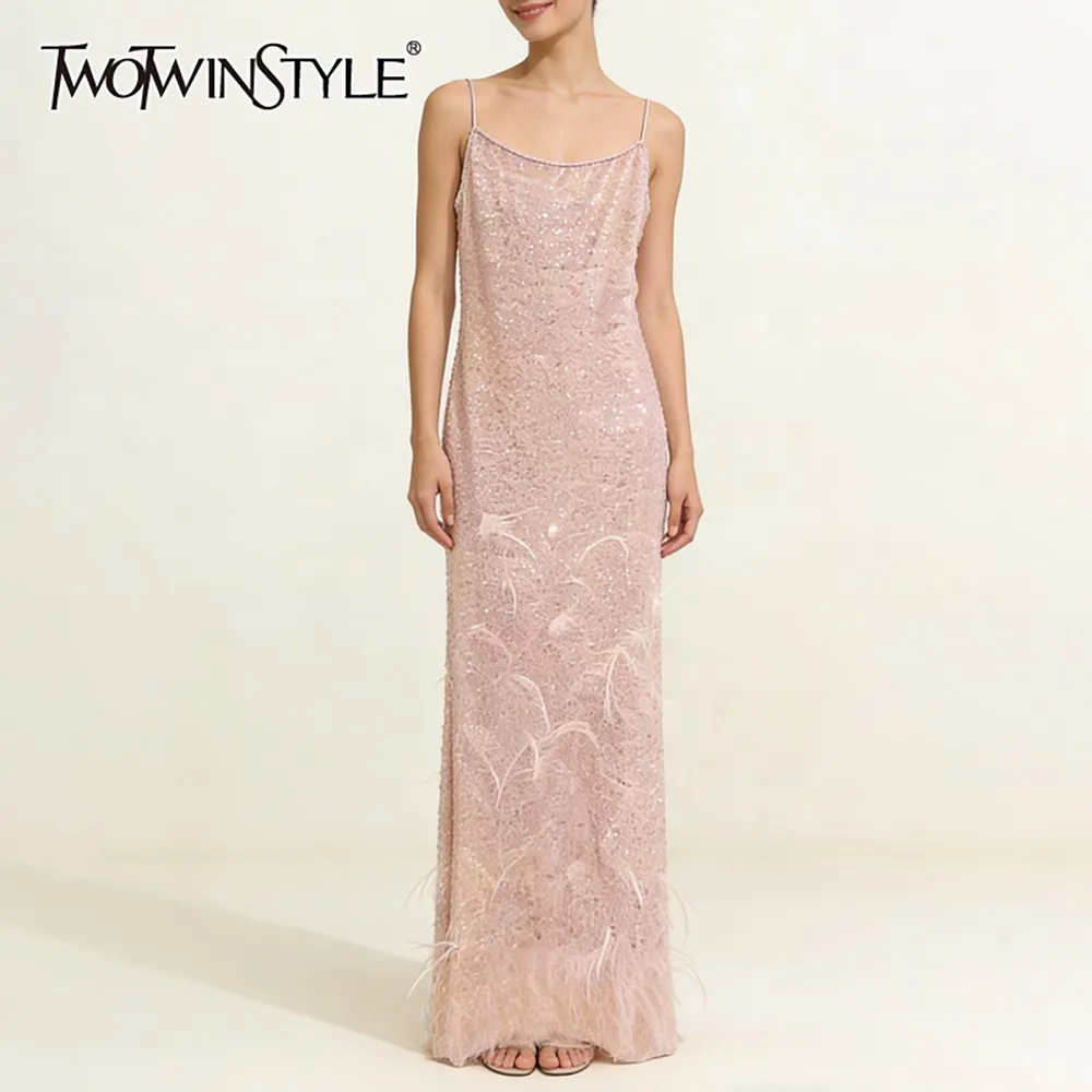 

TWOTWINSTYLE Solid Spliced Feather Chic Dress Female Square Neck Sleeveless Slimming Elegant Luxury Women's Dresses Autumn New