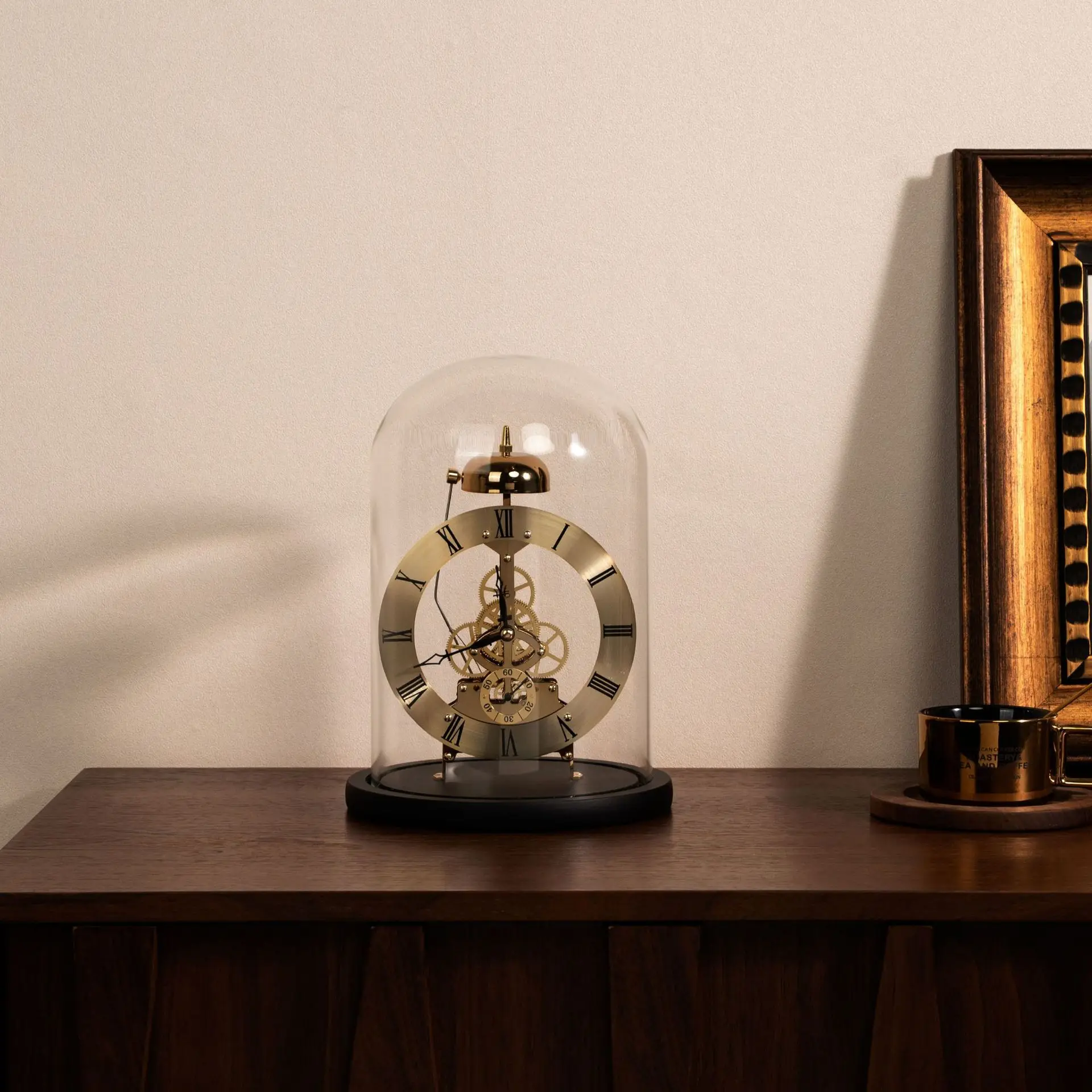 Glass cover European retro machine imitation mechanical seat clock living room clock ornament antique solid wood table