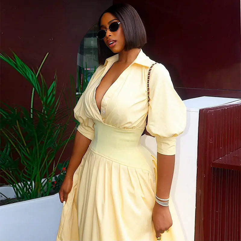 Damen Maxi-Hemdkleid mit Umlegekragen, elegant, einreihig, lange Ärmel, schmale Passform, Korsett, Vintage, Büro- und Streetwear-Kleider