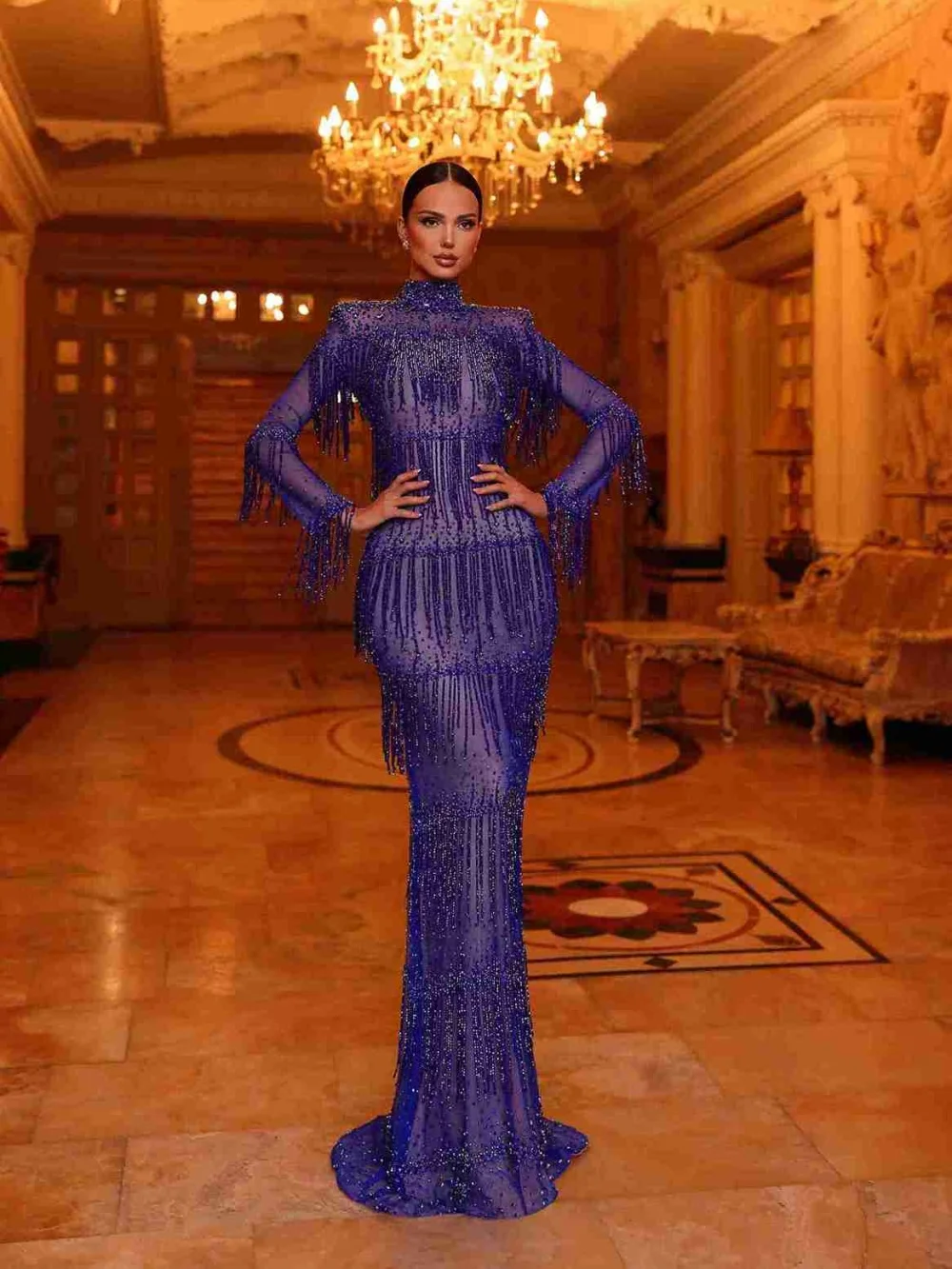 Vestido de noche con borlas y cuentas de color azul real, impresionante ilusión, vestido de fiesta de boda de sirena, vestidos de banquete elegantes personalizados con cuello alto