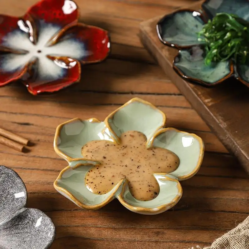 1PCSVintage Ceramic Craft Dish Flower Shaped Small Dish Creative Dipping Sauce Small Dish Multi-color Kiln Transformed Dish Gift