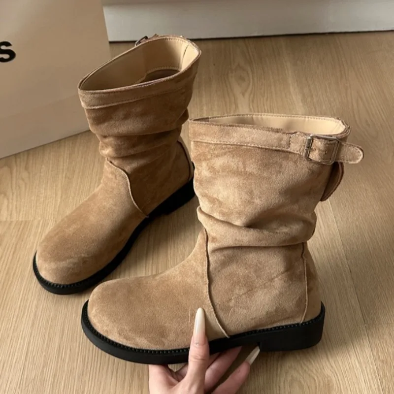 

Women Flats Suede Ankle Boots Designer Buckle Woman Shoes 2025 Fashion Winter Shoes New Trends Casual Cozy Short Boots De Mujer