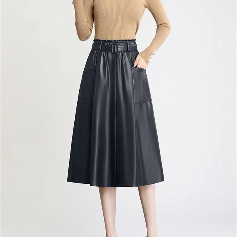 High Quality Sheepskin Skirt Women Leather Skirts Spring Autumn High Waist Belt Slim Umbrella Skirts Female Medium Length Skirts