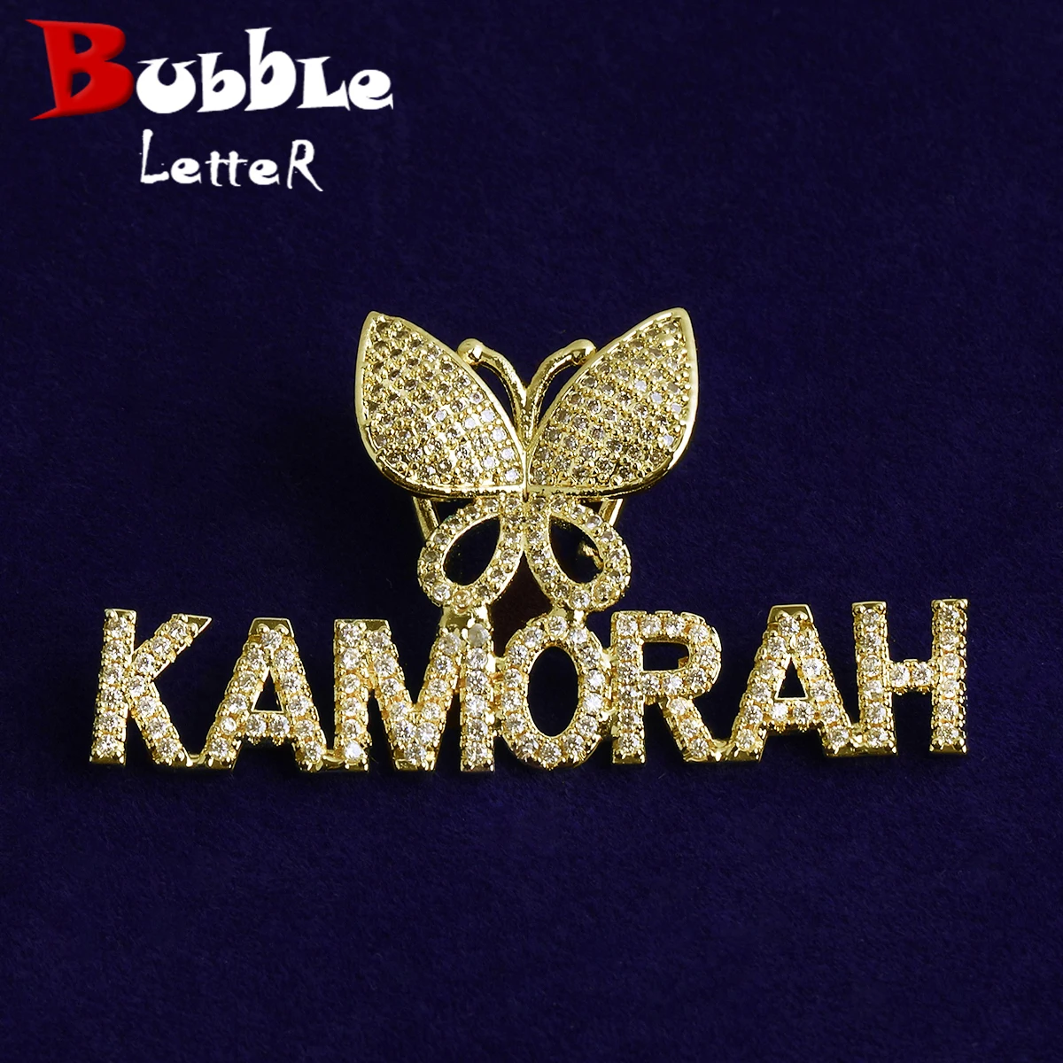 Bubble Letter Iced Out Custom Name Necklace Pendant Butterfly  Bail for Women Real Gold Plated 5A Grade Hip Hop Jewelry