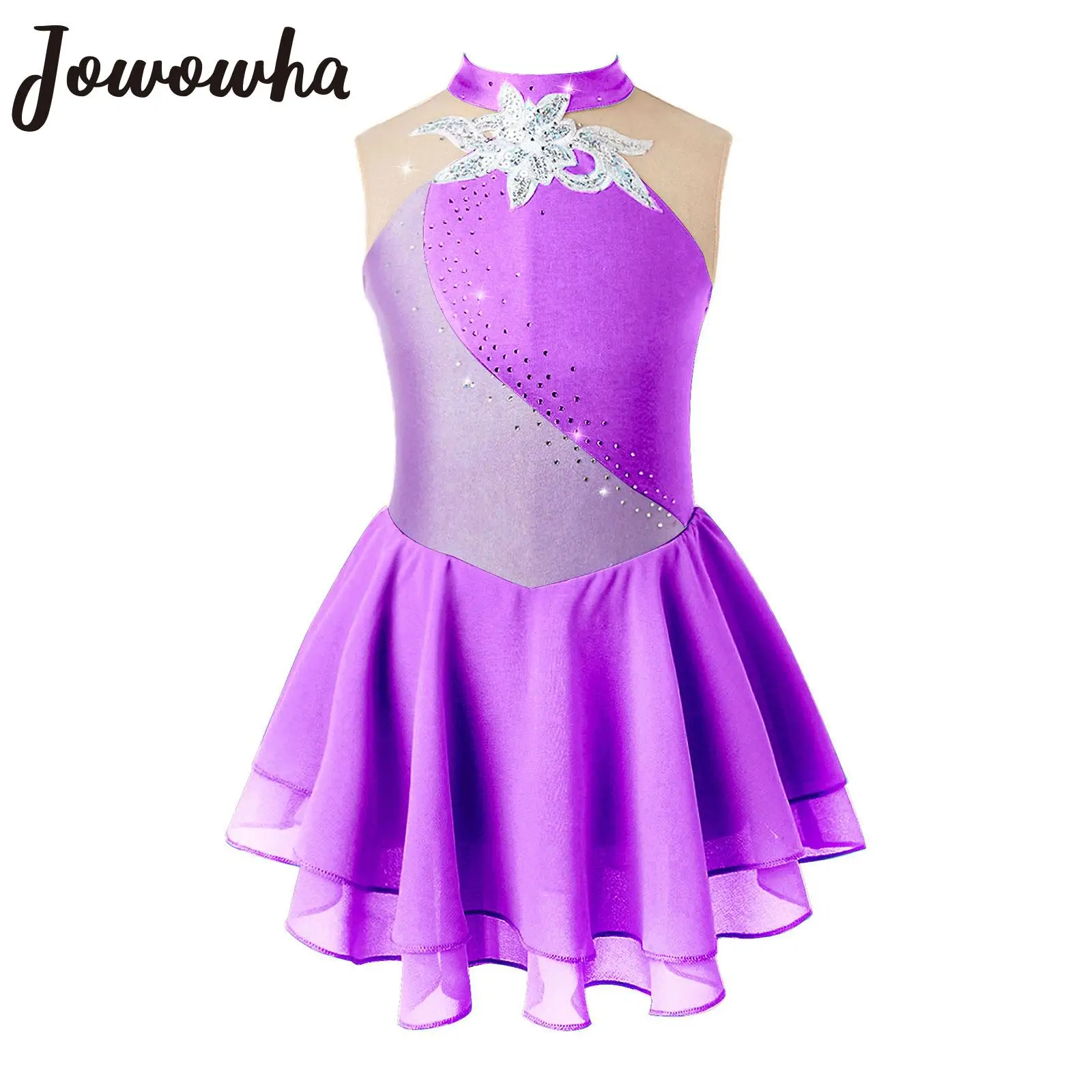 Kids Girls Figure Skating Dress Sleeveless Shiny Rhinestone Ballet Dance Gymnastics Leotard Tutu Ballroom Performance Dancewear