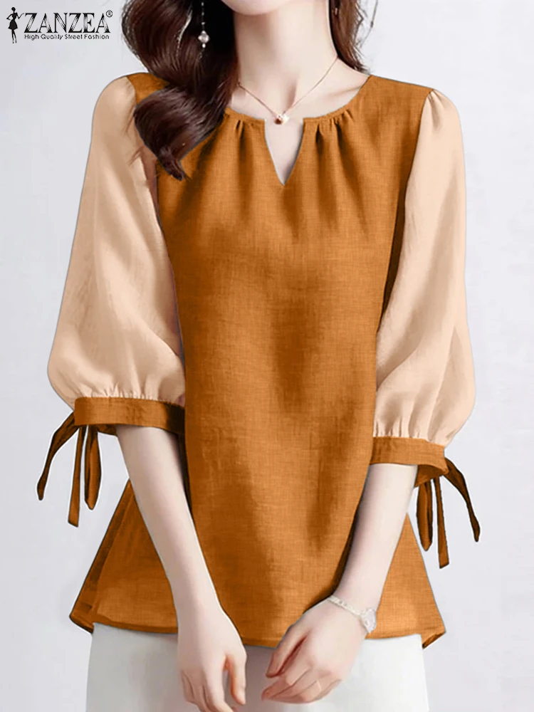 

ZANZEA Women Fashion Blouse 3/4 Puff Sleeve Color Patchwork Tops Autumn Elegant V-Neck Casual Shirts 2025 Vintage Korean Blusas