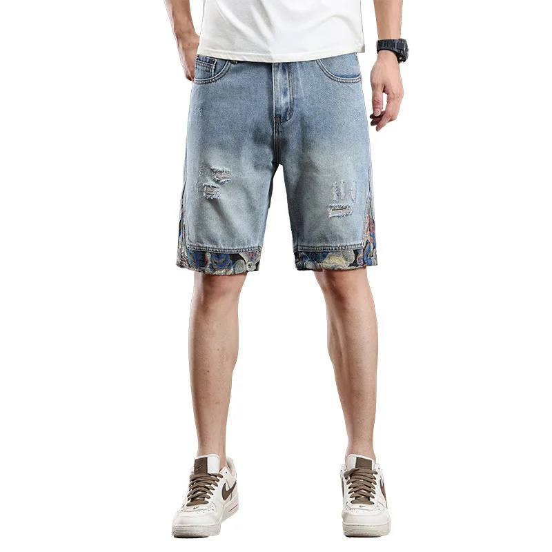 High Street Denim Shorts Men's Trendy Scratch Versatile Summer Thin Loose Elastic Light Blue Trendy Brand Embroidered Shorts