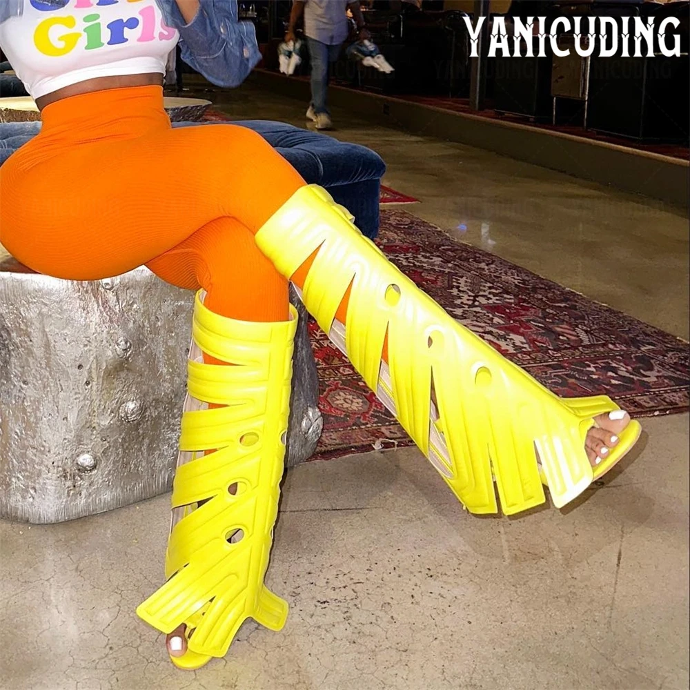 

Leaf Design Leather Knee Boots Round Open Toe Stiletto Heel Summer Boots Novelty Designer Style Handmade Sandals Boots for Women