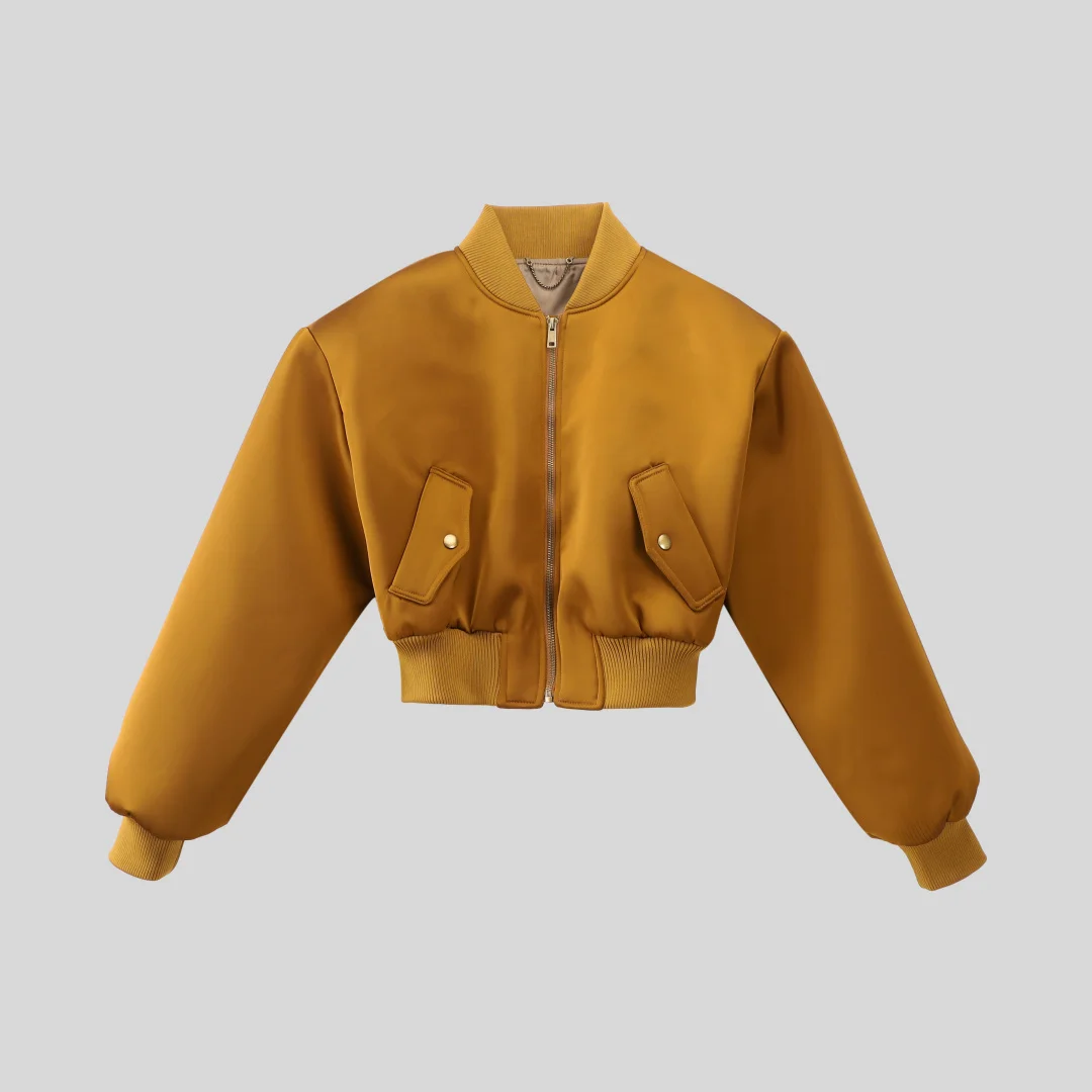 

2025 New Style Quilted Satin Bomber Jacket: Cropped & Stylish Pilot Flight Jacket Coat in Mustard Yellow/Burgundy
