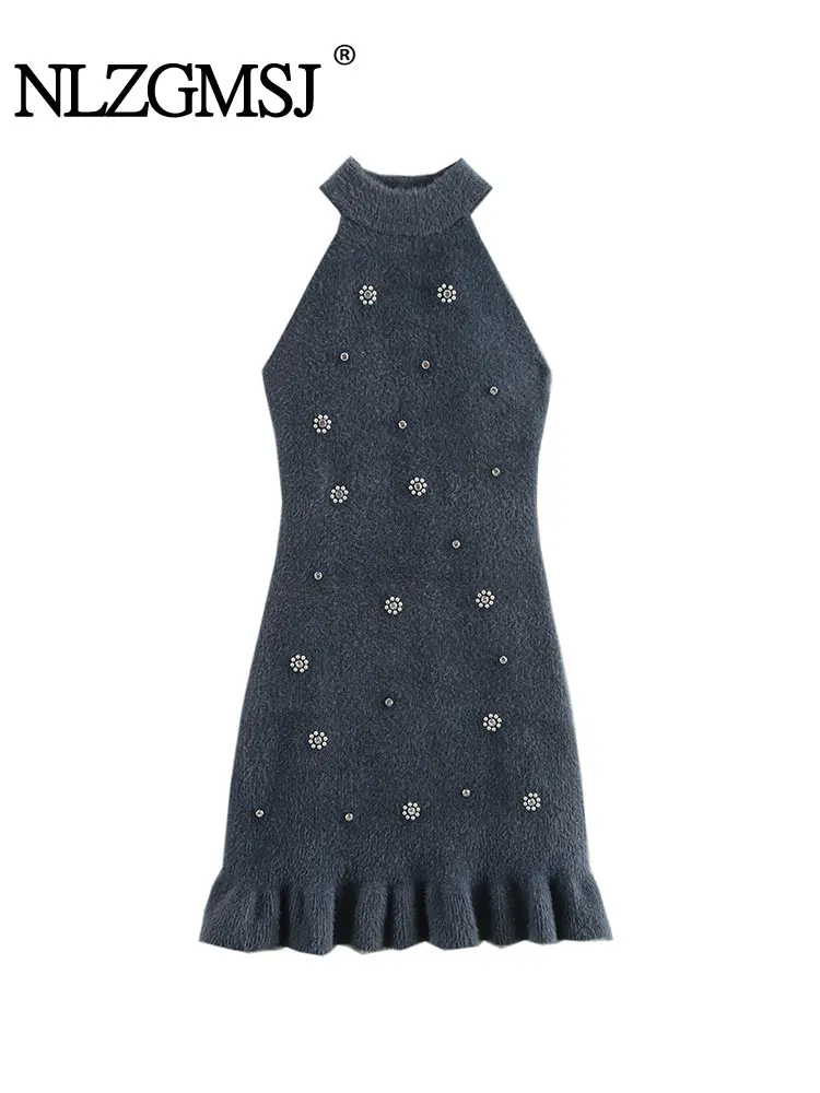 TRAF 2024 Winter Bead Embellishment Mini Slim Fit Dress Woman Hanging Neck Collar Sleeveless Dresses Women Casual Dresses