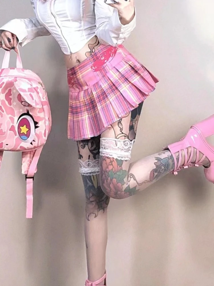 

American Vintage Plaid Pleated Skirts Women Y2k Punk Streetwear Hottie Low Waist Mini Skirt Preppy American High School Style