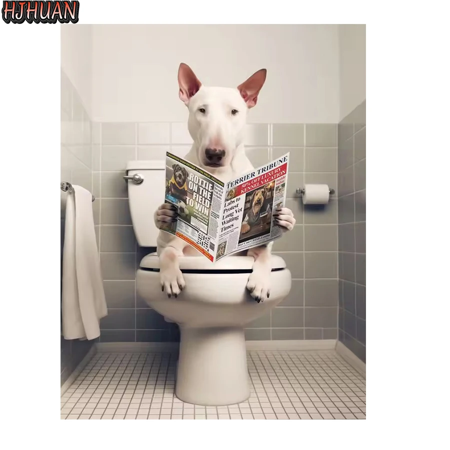 Diamond Painting Dog squatting on the toilet reading the newspaper Full Square Home Decoration Embroidery Handcraft 3d Art Kits