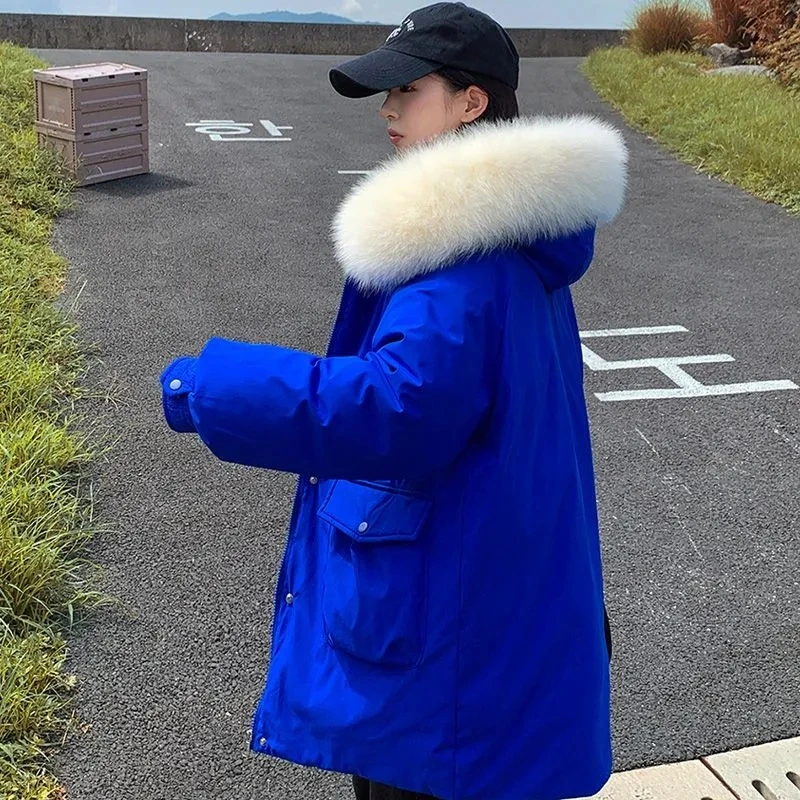 

Blue Down cotton Jacket Women's 2025 New Student Winter Coat Korean version Loose Hooded Jackets Ladies Thicken Parker Overcoat