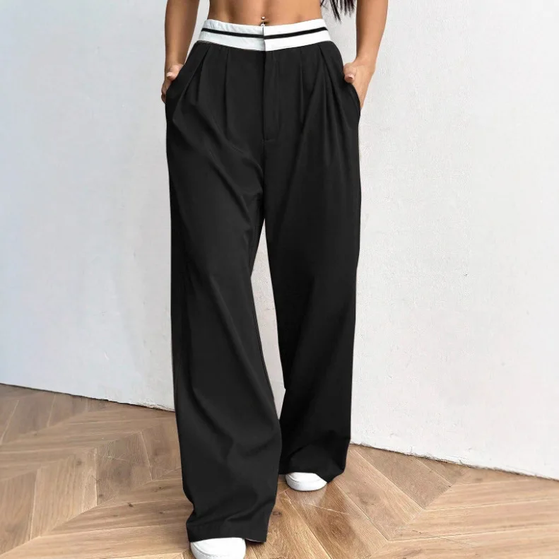 Women's Solid Contrast Waistband Pleated High Waist Pocket Loose Wide Leg Floor Length Comfortable Casual Trendy Daily Trousers