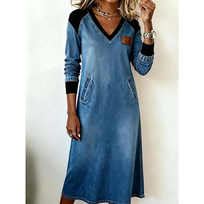 

Женское осенне-зимнее шикарное вечернее платье с v-образным вырезом и длинным рукавом, элегантное лоскутное праздничное платье 2025 года, свободное простое повседневное женское платье