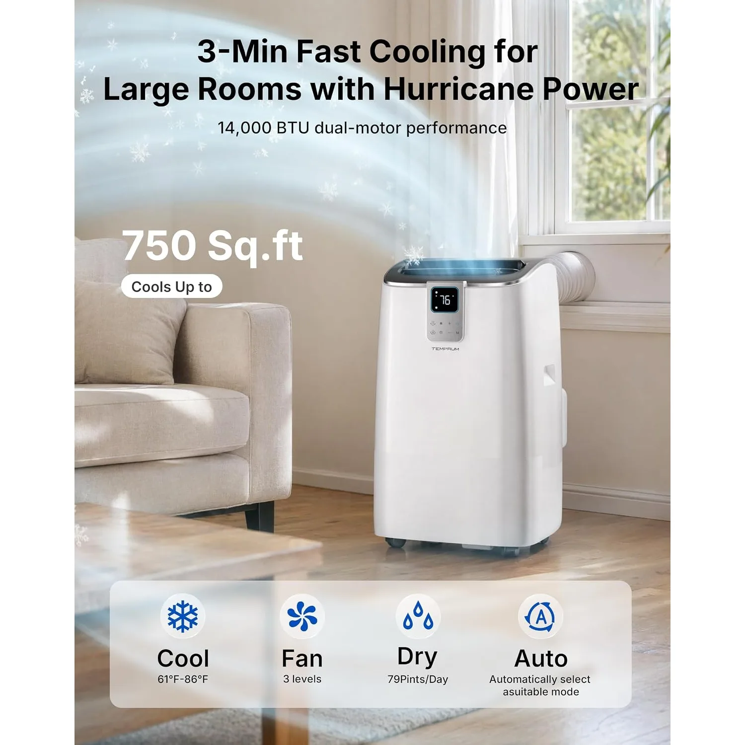 

14000 BTU Smart Portable Air Conditioner, 41dB Quiet Efficient, Fits 750 Sq Ft Large Room, AC Unit, Custom