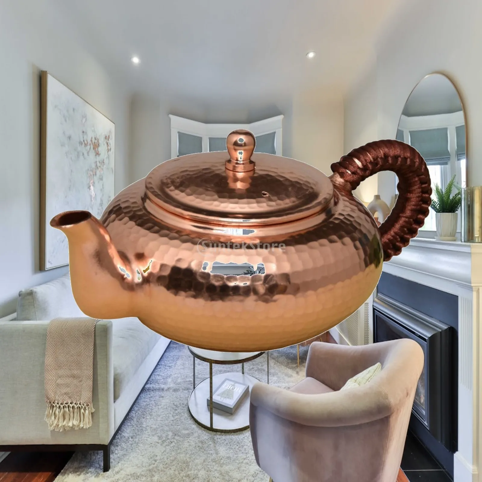 Traditional Copper Teapot Handcrafted Hammered Dimpled Surface 350ml Artisan Brewing Vessel with Woven Rope Wrapped Handle for