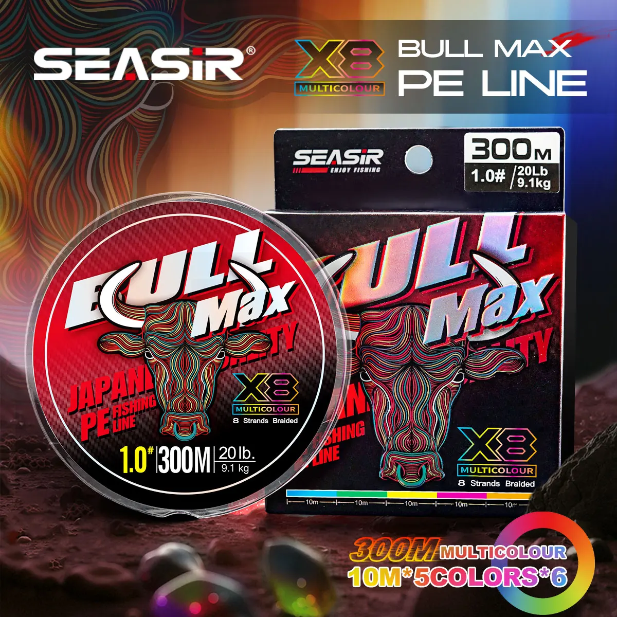 �y�Z�[�����zSeasir Bull Max 8 �ґg���{�i�� PE �}���`�J���[�ނ莅 0.8-6.0 300 ���[�g�� (10 ���[�g�� * 5 �F * 6) 15-70LB �����x���C�����C��