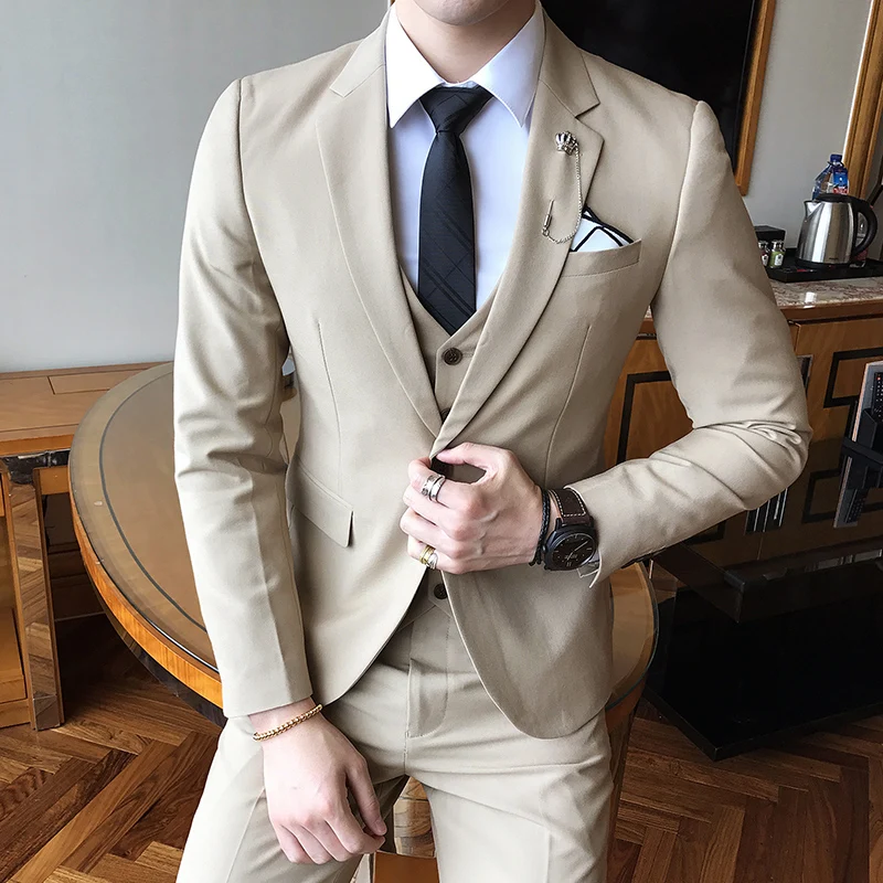 

(Jackets+Vest+Pants) Brand Classic Men Suit 3 Pieces Fashion Slim Fit Set Formal Business Wedding Tuxedos Men Casual Clothing