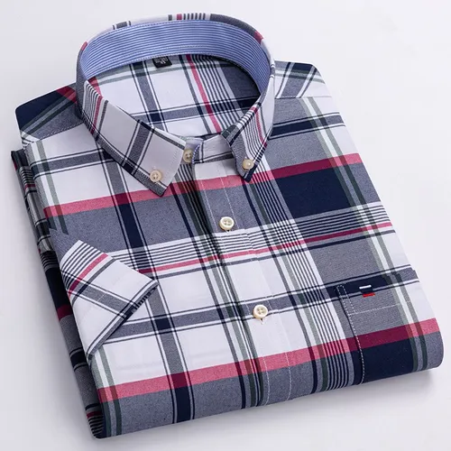 Imagen 1 del producto Camisa clásica de manga corta para hombre, camisa 100% de algodón Oxford, informal, suave, a cuadros, a rayas, de negocios, ajustada, talla grande 7XL, 6XL