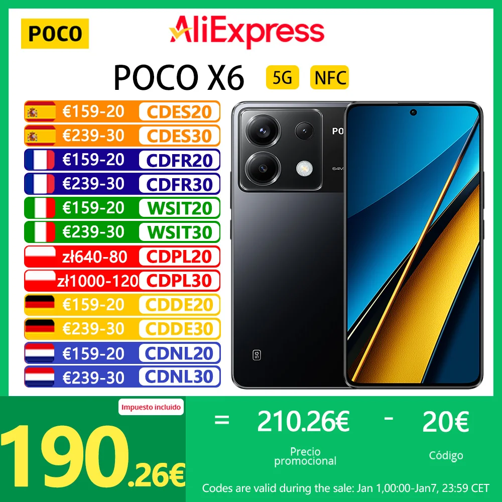 POCO X6 5G NFC,Snapdragon® 7s Gen 2,120Hz CrystalRes Flow AMOLED Display ,64MP Triple Camera with OIS,67W,5100mAh,Global Version