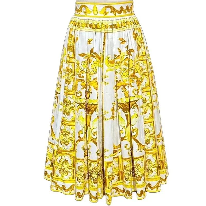 Dresses For Women 2024 Luxury Brand Summer Print Cotton Skirt Women's Waiste Party Midi