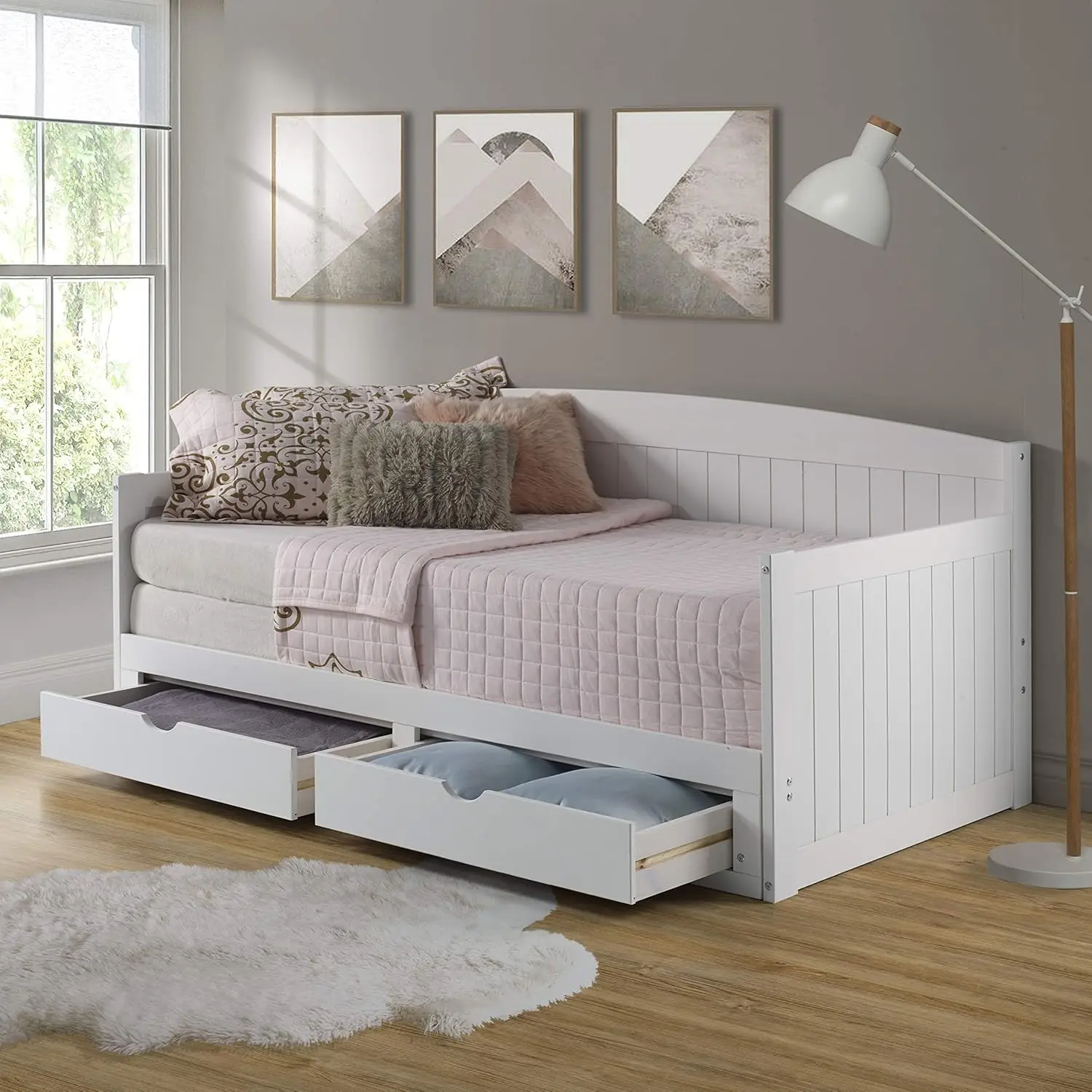 Furniture Harmony Wood Daybed, eenpersoonsbed, wit Braziliaans grenen onderschuifbed voor slaapstoffen met kinderen, 2 uittrekbare lades, 440 lbs We