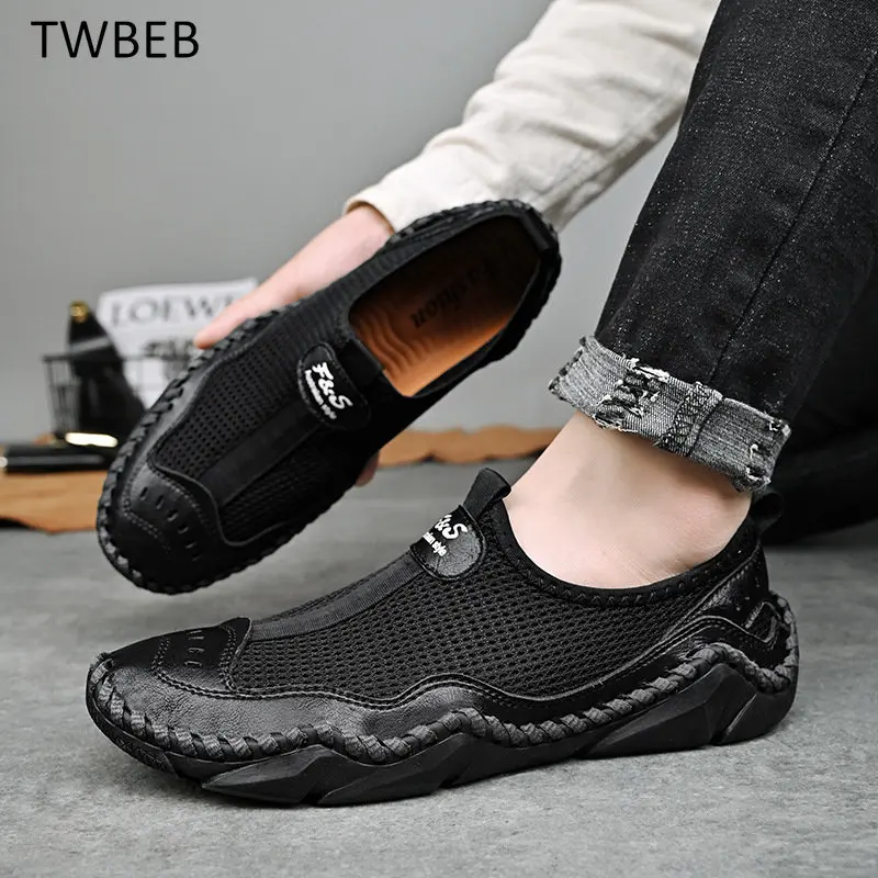 Summer Men Loafers Patchwork Leather Mesh Casual Shoes Man Beach Shoes Slip-on Soft Sole Male Breathable Driving Flats 48 Yard