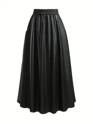 Plus Size 1XL-5XL Women's Street Style Skirt Solid PU Leather Elastic High Rise Maxi Skirt with Pockets