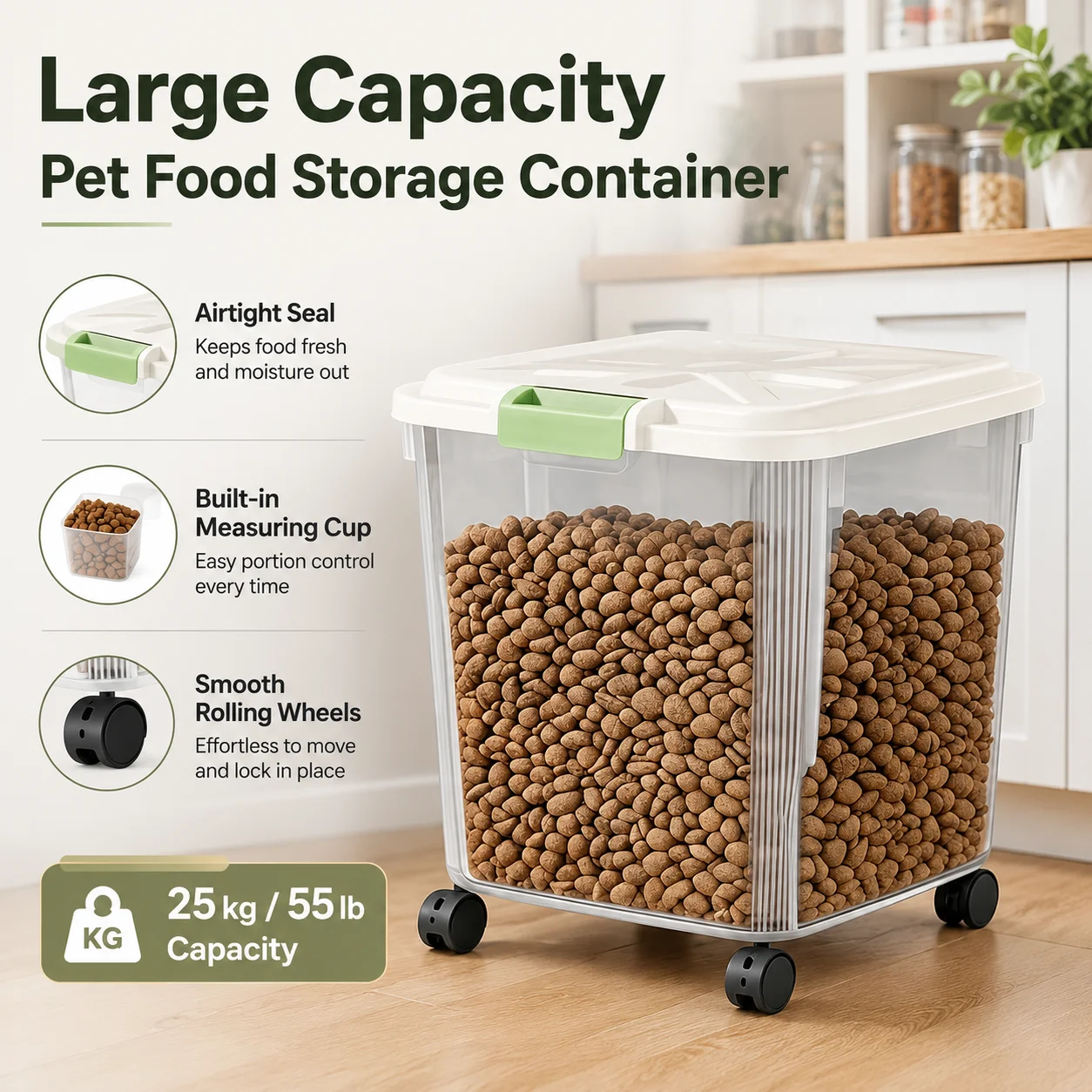 Food Storage On Wheels - 55Lbs Airtight Pet Food Storage Container