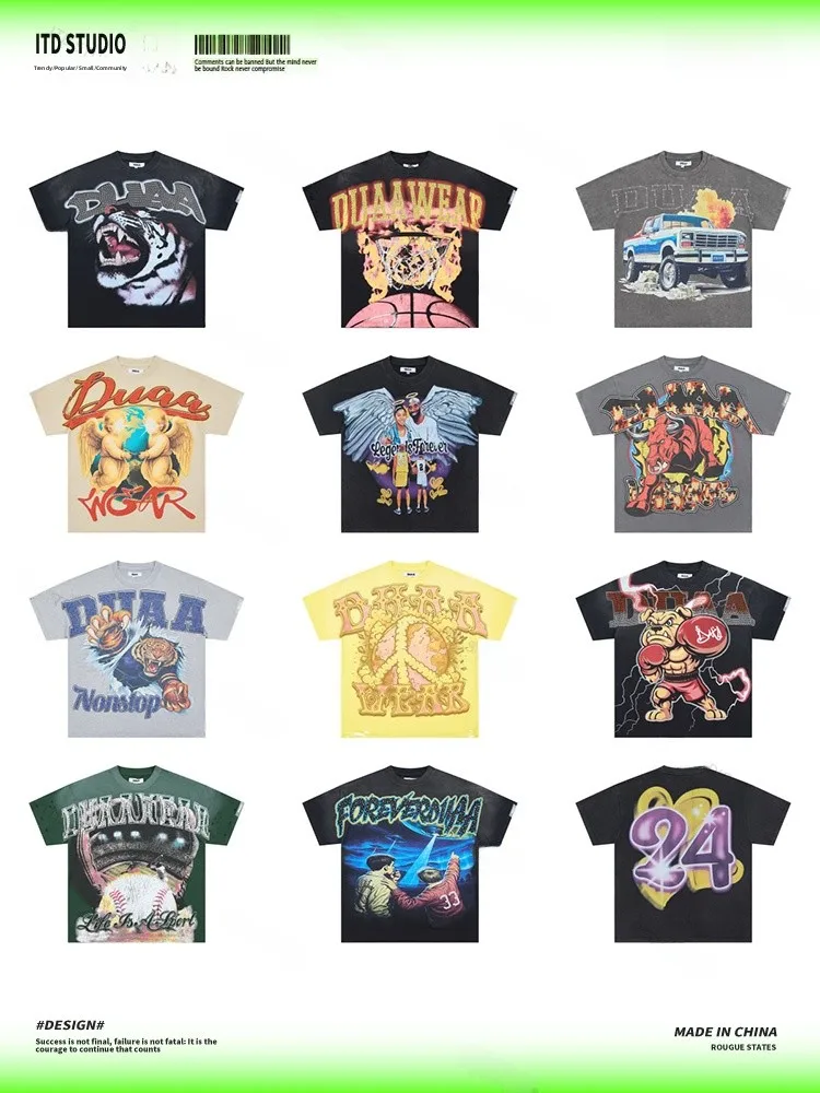 DUAA Series Graffiti Print Short Sleeve T-Shirt Diamond Glitter Unisex High Street Fashion Casual Cotton round Neck Top