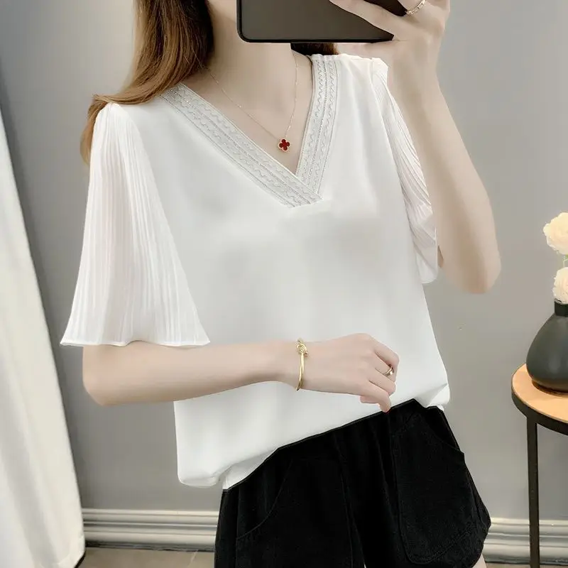 Fashion V-Neck Spliced Folds Flare Sleeve Blouse Women's Clothing 2023 Summer New Oversized Casual Pullovers Office Lady Shirt