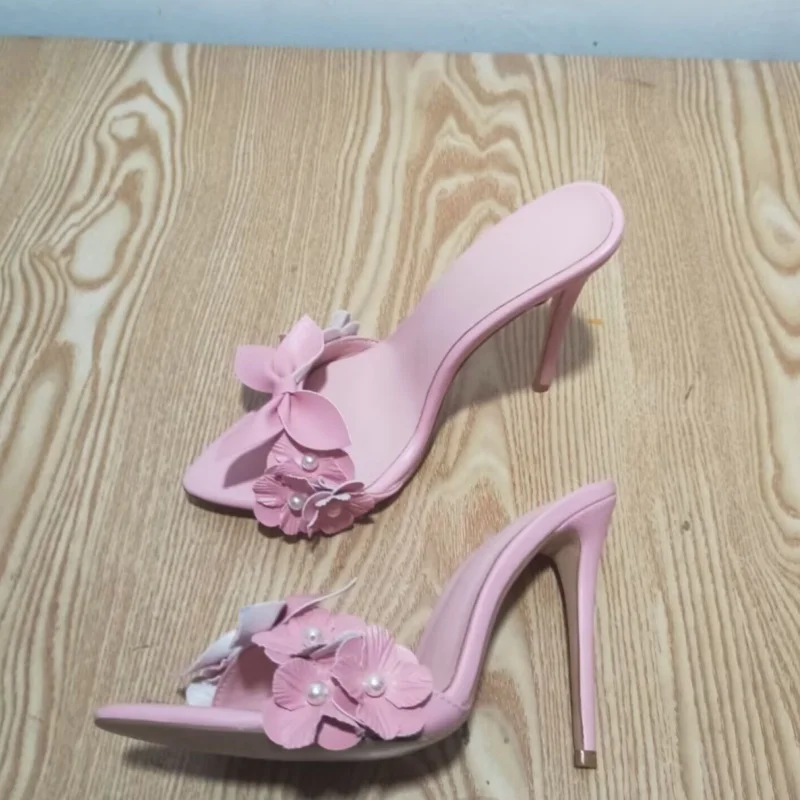 

Pink Flower Woman Slippers Thin Super High Heels Pointed Toe Pearl Female Shoes Open Head Solid Slip-on Summer Leisure Sandals