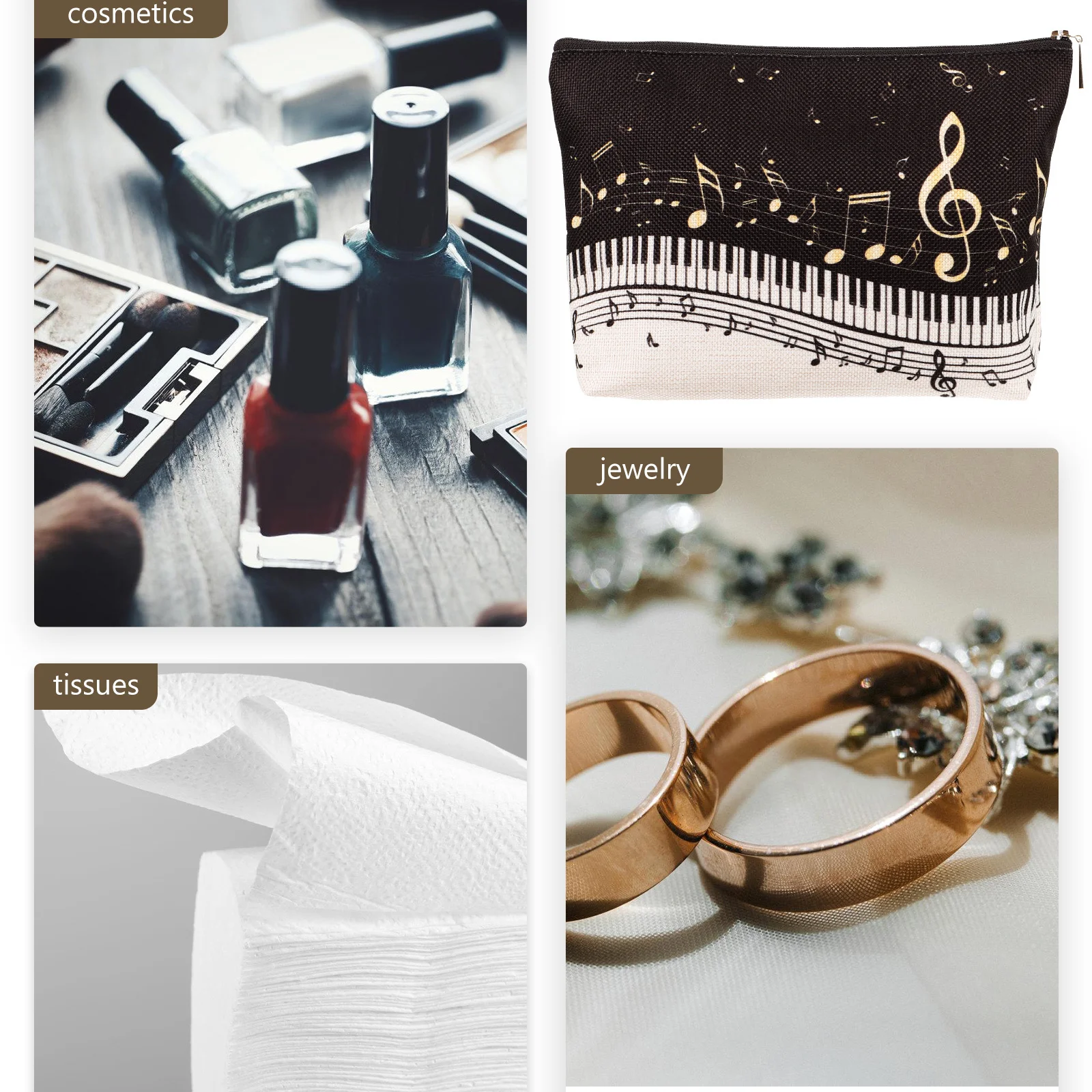 

Travel Makeup Bag Waterproof Cotton Linen Fabric Music Theme Pattern Zipper Closure Organizer Portable Reusable Pouch