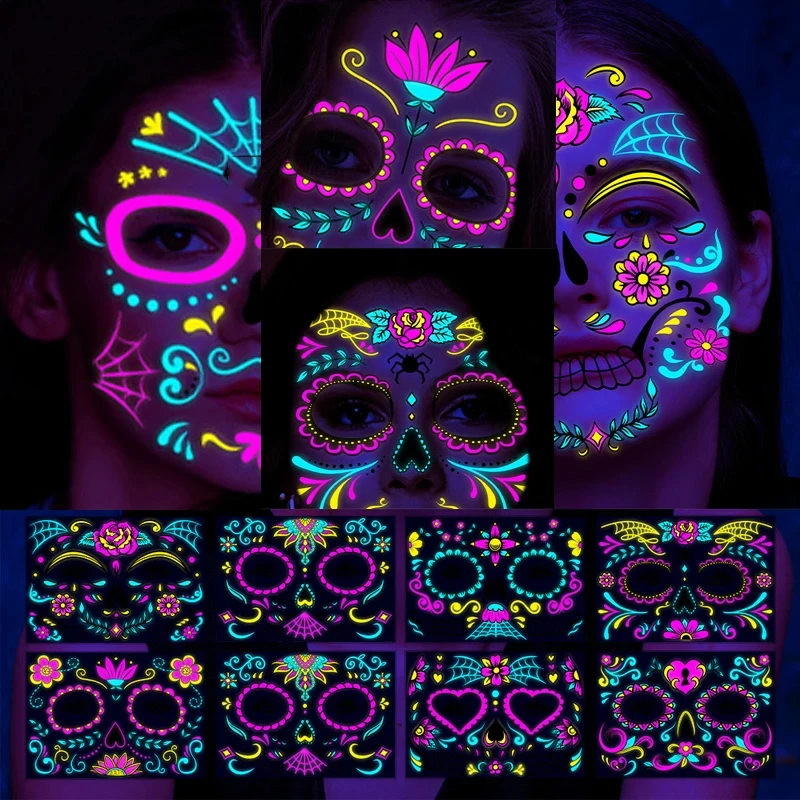 Day of the Dead Fluorescent Sticker Temporary Tattoos Waterproof Skin Tattoos for Face Party Music Concert Bar Halloween Tattoo