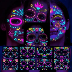 Day of the Dead Fluorescent Sticker Temporary Tattoos Waterproof Skin Tattoos for Face Party Music Concert Bar Halloween Tattoo