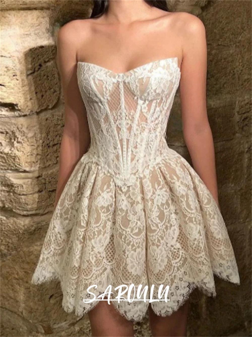 

Ballet Wasit Lace Wedding Dress Mini Strapless Bride Dresses for Women Zipper Back Draped Bridal Gown Customized Robe De Soriee