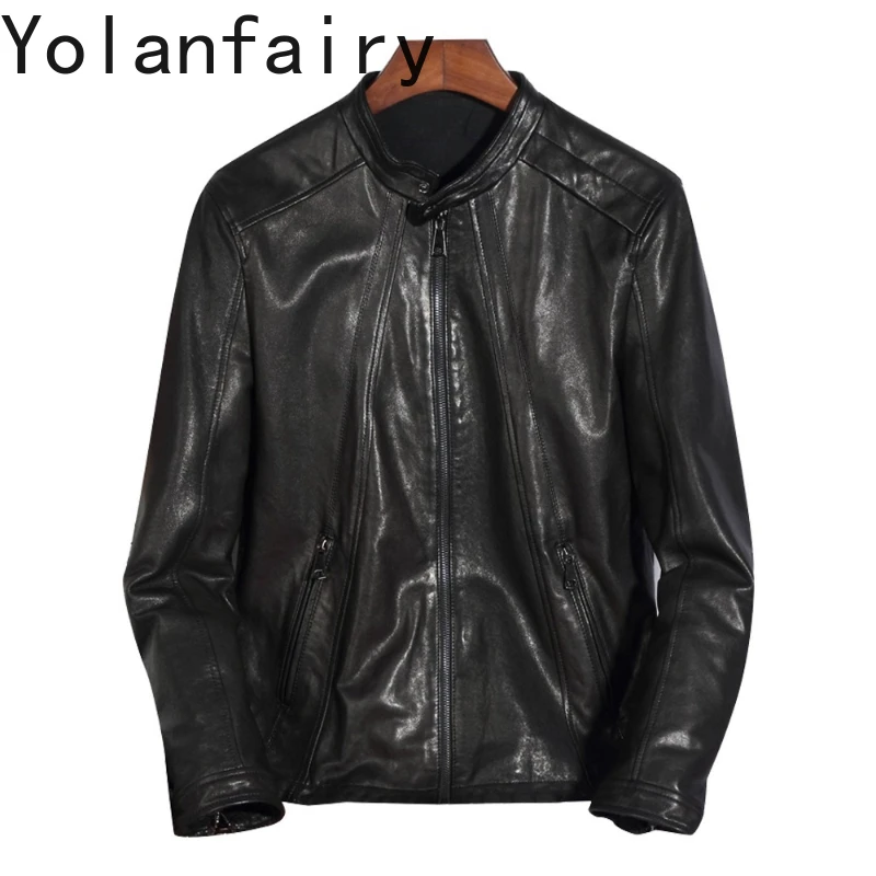 

YOLANFAIRY Top Quality Real Goatskin Leather Jackets Man Slim-fit Fashion Genuine Leather Coat Thin Motorcycle Jacket Abrigos