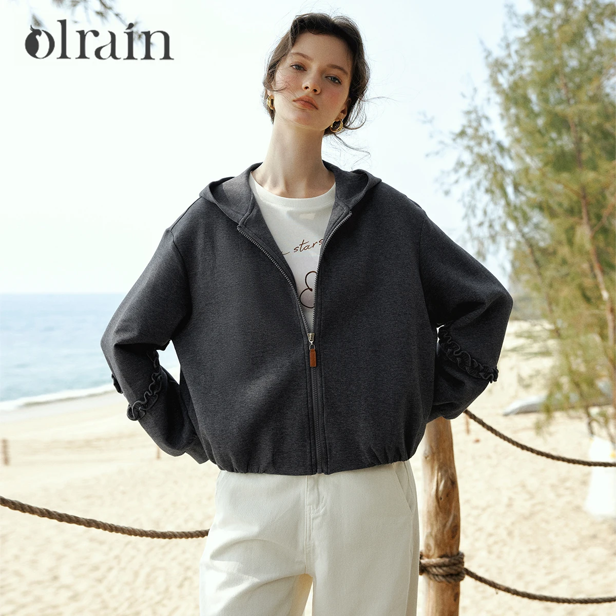 OLrain Knit Hoodies Woman 2026 Spring Casual Edible Tree Fungus Cotton Hoodie Elegant Oversize Zip Up Sweatshirts O58CW002599
